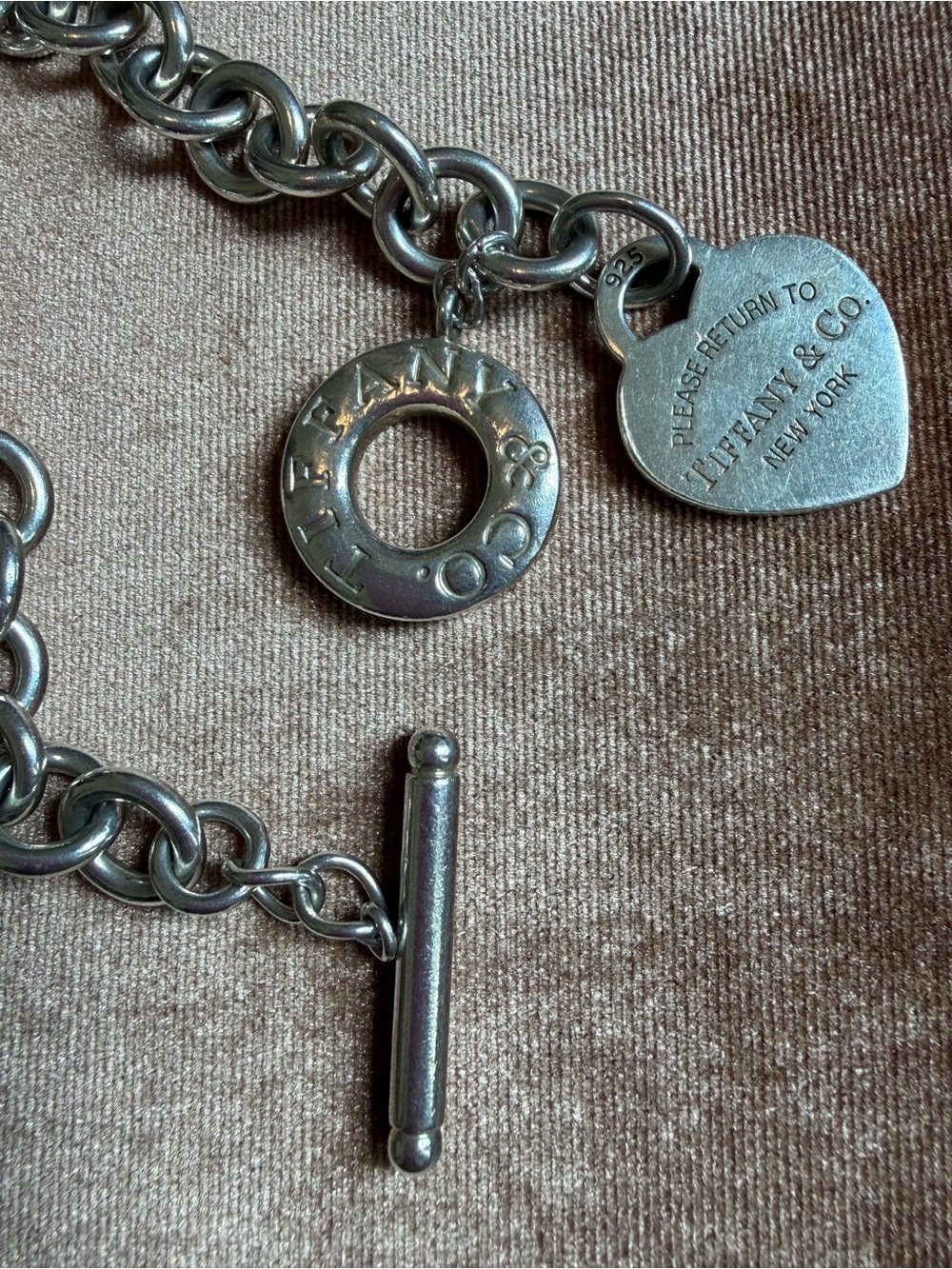Tiffany & Co. Silver Heart Charm Toggle Bracelet with Blue Heart Bead Bracelet - Picture 5 of 12